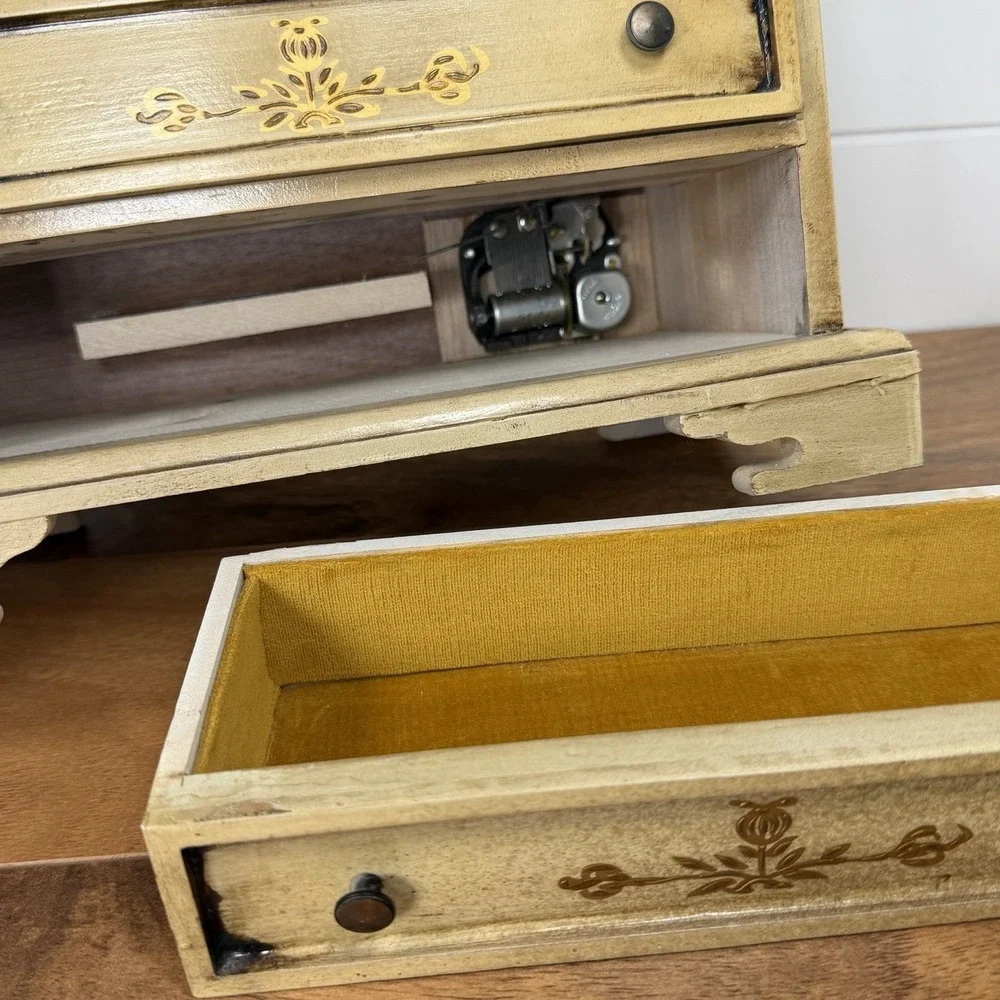 VTG Wooden Florentine Music Box Jewelry Trinket 3 Drawers MCM Japan Cottagecore
